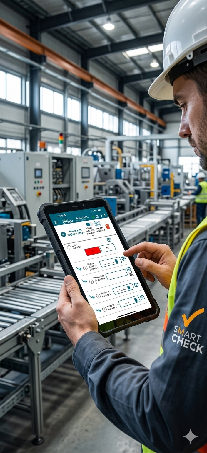 Operario en planta industrial usando Smart Check en una tablet robusta para registrar un checklist